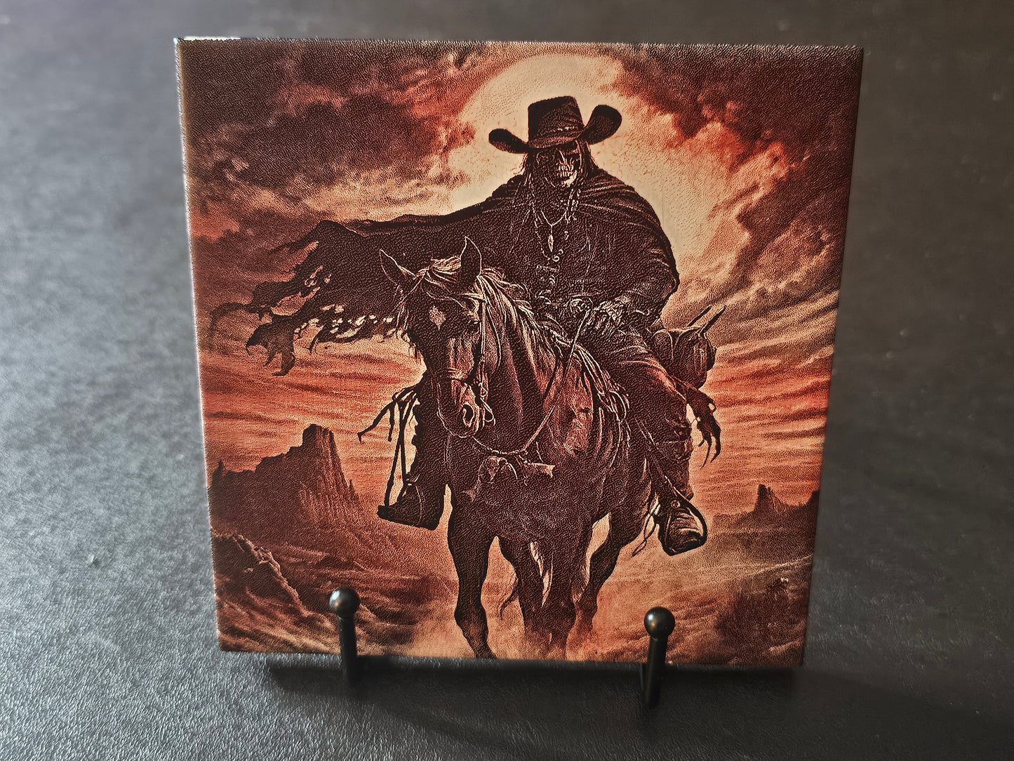 6" x 6" Laser Engraved Ceramic Tile – Grim Reaper Cowboy at Sunset