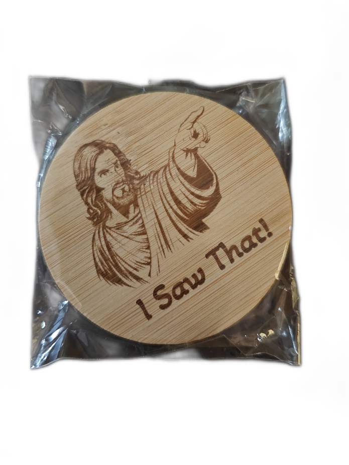 Round wooden bottle opener with engraved image Jesus pointing and saying 'I Saw That!' in clear packaging.