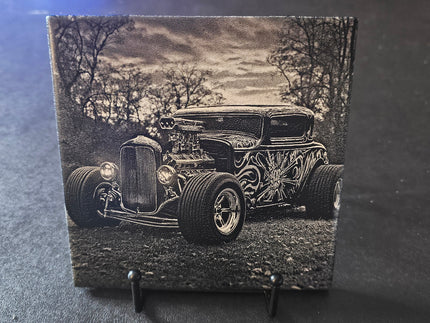 Decorative plaque with a black and white 1930 Ford Hot Rod design on a stand.