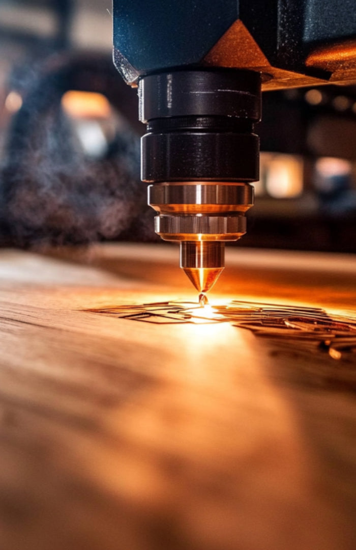 Laser engraving machine in action on a wooden surface