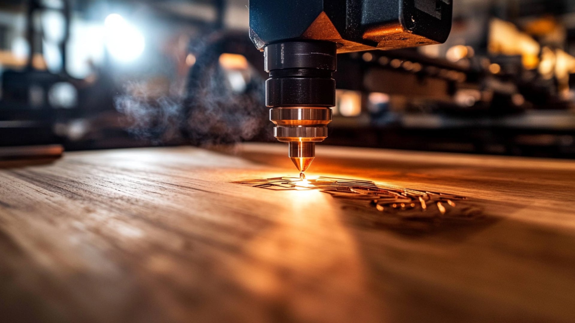 Laser engraving machine in action on a wooden surface