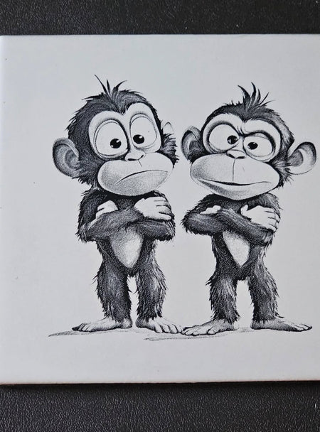 Two cartoon monkeys hugging on a square tile with a black background
