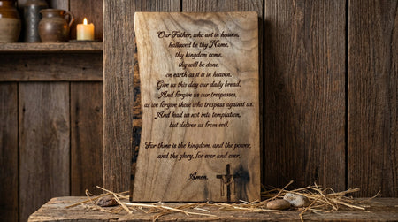 Wooden plaque with engraved text on a rustic wooden background