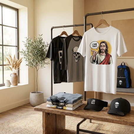 T-shirts and hats displayed on a rack and table in a room with a window and plant.