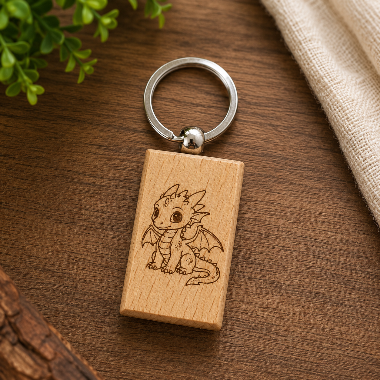 Wooden keychain with a laser-engraved dragon design on a wooden surface.