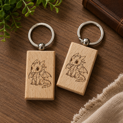 Two wooden keychains with dragon illustrations on a wooden surface.