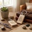 Wooden keychains with animal illustrations on a wooden surface with books and plants.