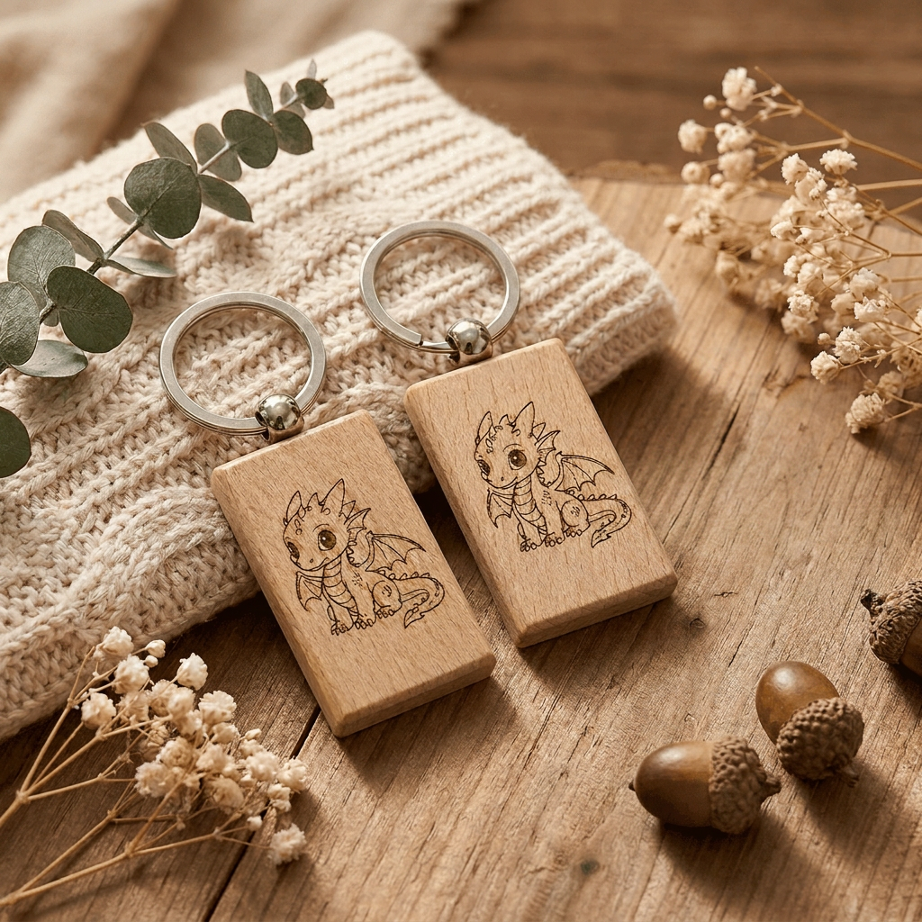 Two wooden keychains with dragon designs on a wooden surface with decorative elements.