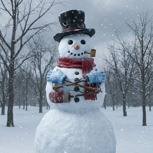 Snowman with a top hat, red scarf, and carrot nose in a snowy landscape.