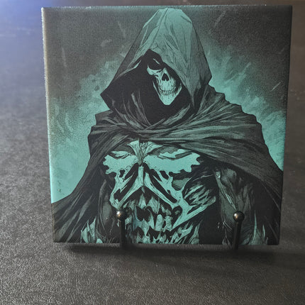 6" x 6" Laser Engraved Ceramic Tile – Grim Reaper (Painted Blue)