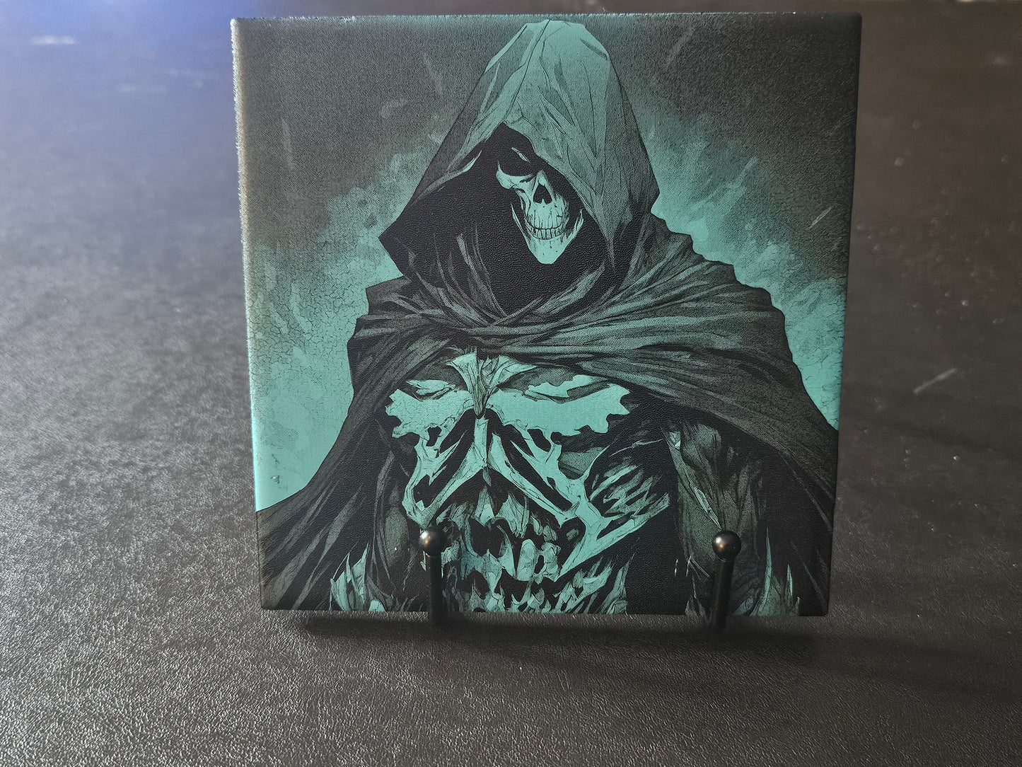6" x 6" Laser Engraved Ceramic Tile – Grim Reaper (Painted Blue)