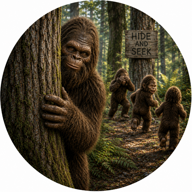 Bigfoot playing hide and seek with his children in the forest.