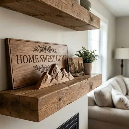 Wooden shelves with decorative items including a 'Home Sweet Home' sign in a living room setting.