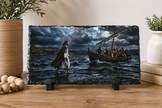 Jesus walking on water toward boat