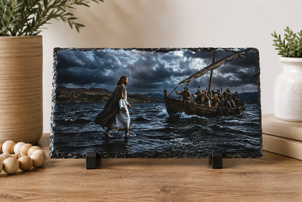 Jesus walking on water toward boat