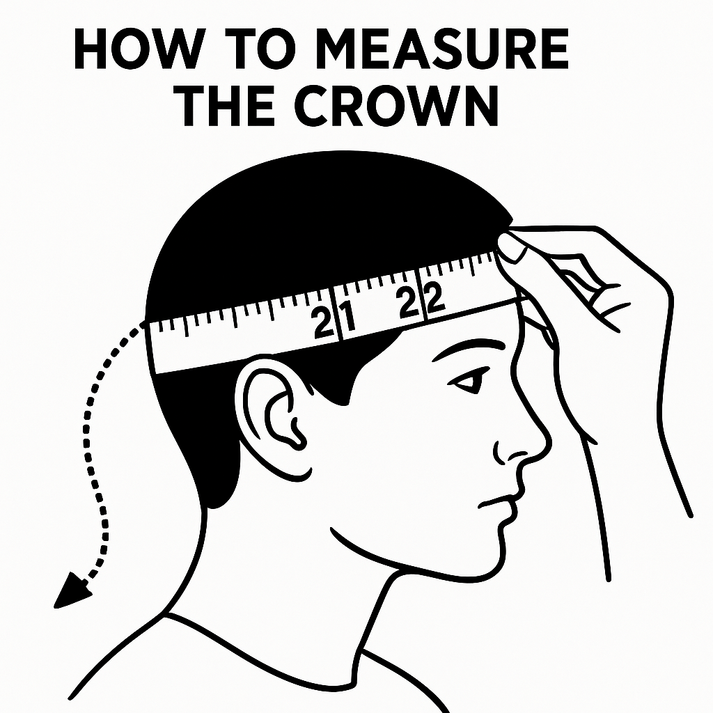 Diagram showing how to measure the crown of a person's head with a ruler.