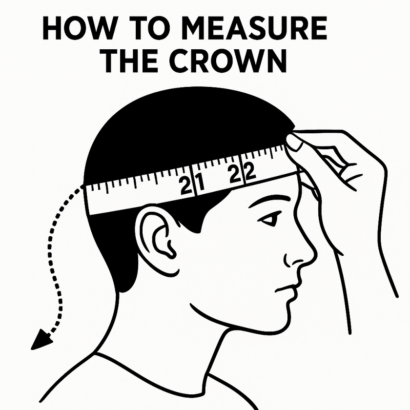 Diagram showing how to measure the crown of a person's head with a ruler.