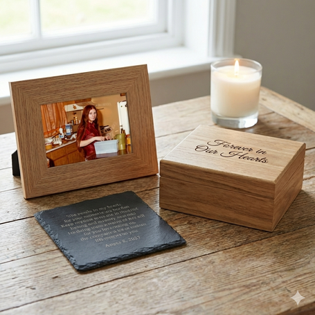 Wooden photo frame, box, and slate on a wooden surface with a candle in the background.