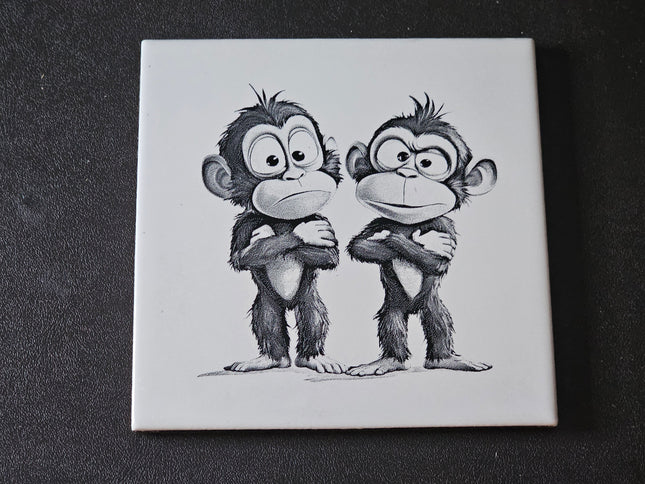 6" x 6" Laser Engraved White Ceramic Tile – 2 Monkeys Chillin Like Villains