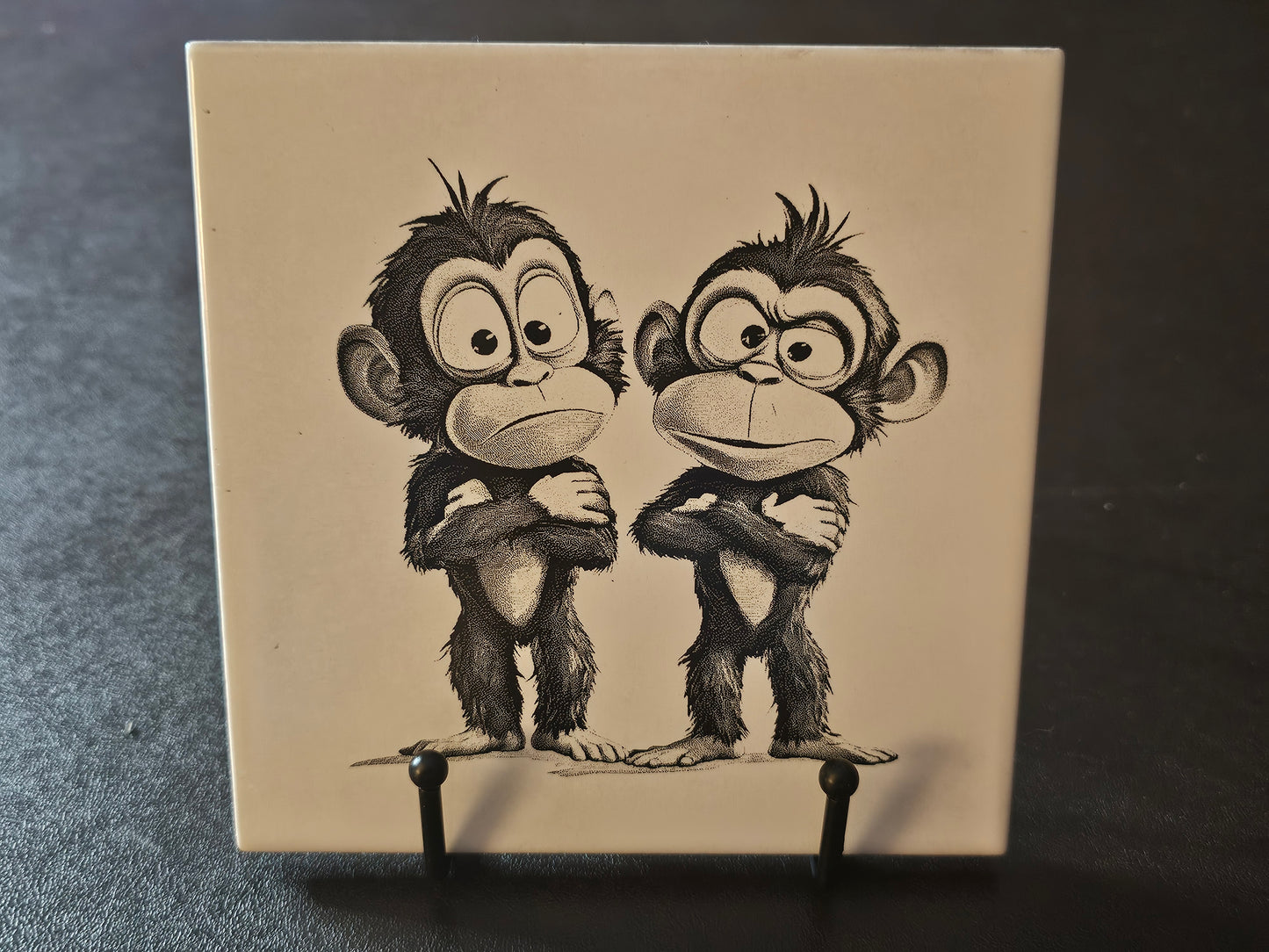 6" x 6" Laser Engraved White Ceramic Tile – 2 Monkeys Chillin Like Villains