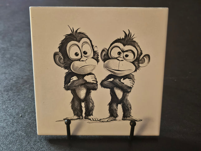 6" x 6" Laser Engraved White Ceramic Tile – 2 Monkeys Chillin Like Villains