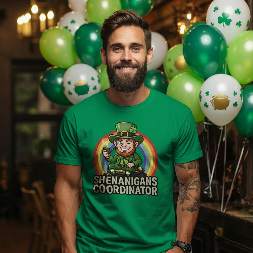 Man wearing a green t-shirt with a graphic and text, surrounded by St. Patrick's Day balloons.