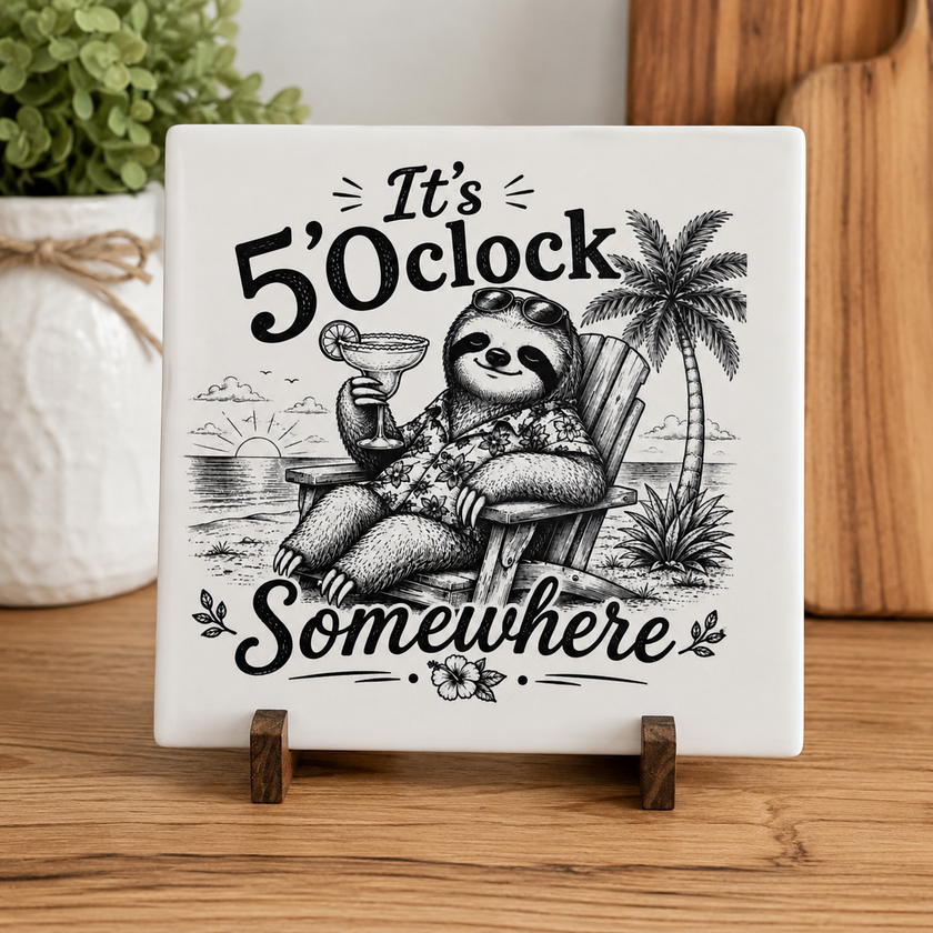 It’s 5 O’Clock Somewhere ceramic sloth coaster featuring a sloth holding a tropical drink