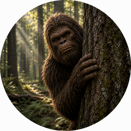 Bigfoot hugging a tree in a forest