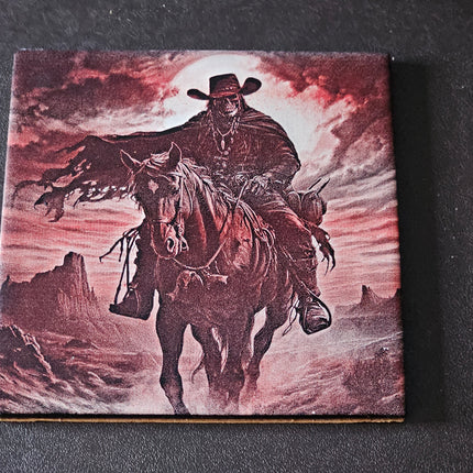 6" x 6" Laser Engraved Ceramic Tile – Grim Reaper Cowboy at Sunset