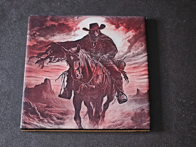6" x 6" Laser Engraved Ceramic Tile – Grim Reaper Cowboy at Sunset