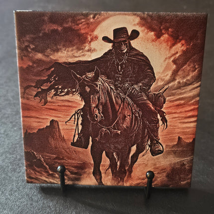 6" x 6" Laser Engraved Ceramic Tile – Grim Reaper Cowboy at Sunset