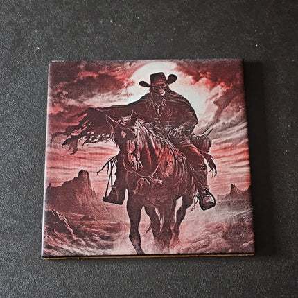 6" x 6" Laser Engraved Ceramic Tile – Grim Reaper Cowboy at Sunset