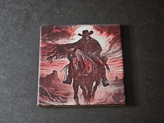 6" x 6" Laser Engraved Ceramic Tile – Grim Reaper Cowboy at Sunset