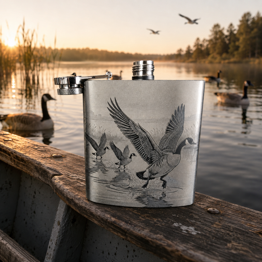 Engraved steel flask featuring Canada geese, displayed on a rustic fishing boat with geese swimming on a peaceful lake at sunrise.