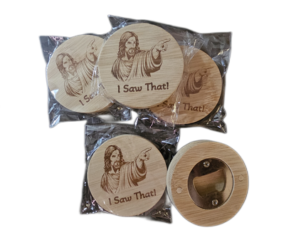 Round wooden bottle opener with engraved image Jesus pointing and stressing 'I Saw That!' in packaging.