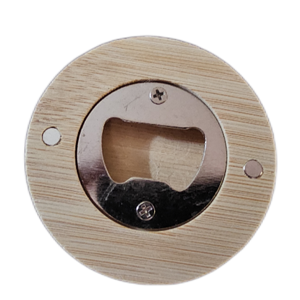 Back of a round wooden bottle opener 