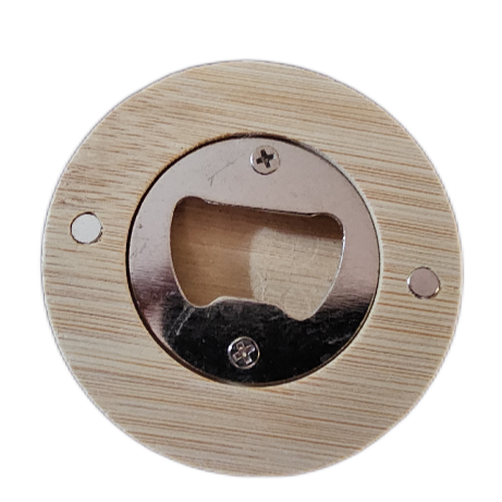 Back of a round wooden bottle opener 