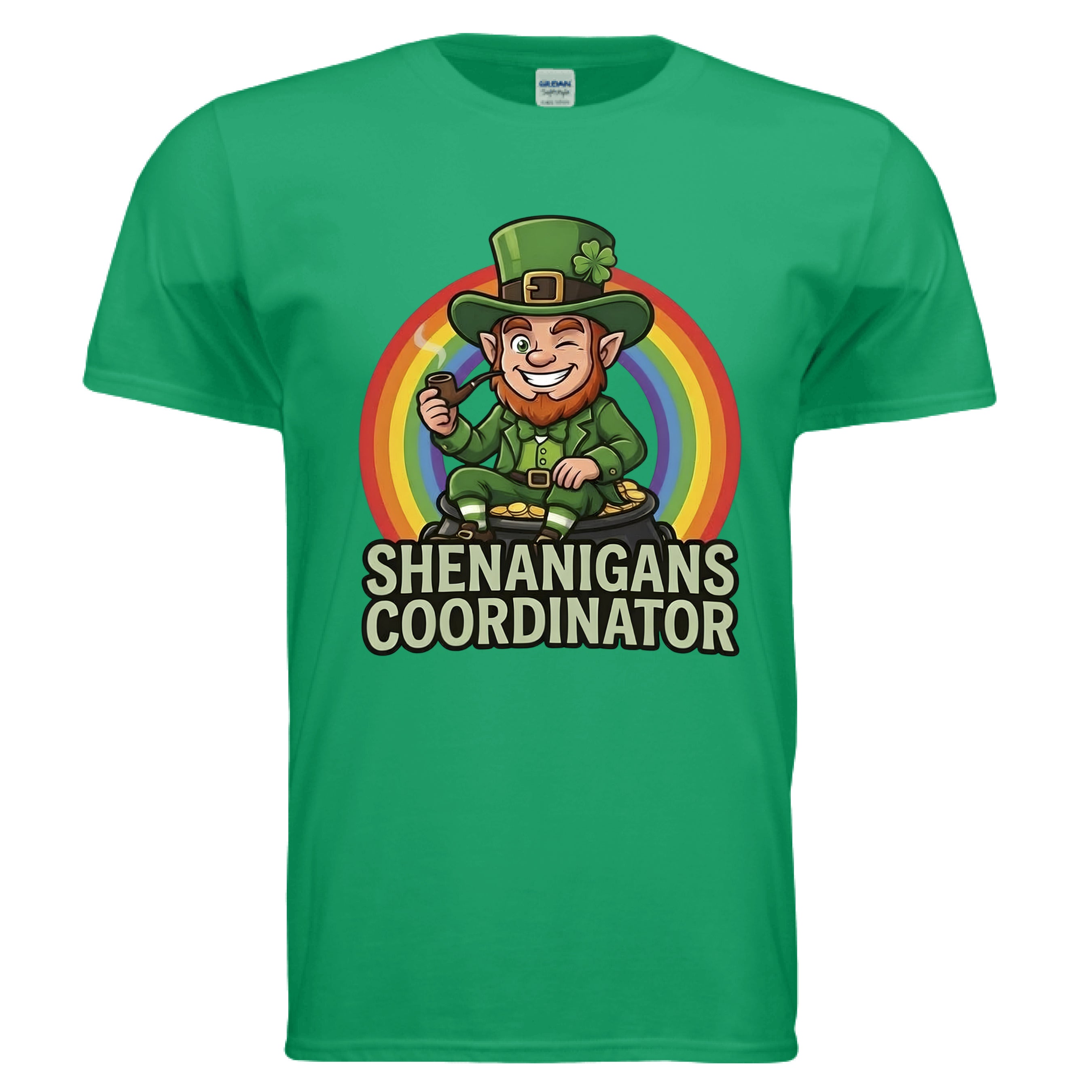 Shenanigans Coordinator St. Patrick’s Day shirt featuring leprechaun sitting on pot of gold with rainbow graphic