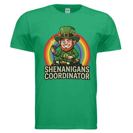 Shenanigans Coordinator St. Patrick’s Day shirt featuring leprechaun sitting on pot of gold with rainbow graphic