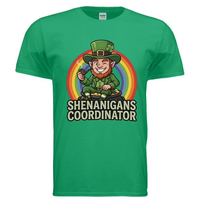 Shenanigans Coordinator St. Patrick’s Day shirt featuring leprechaun sitting on pot of gold with rainbow graphic