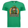 Shenanigans Coordinator St. Patrick’s Day shirt featuring leprechaun sitting on pot of gold with rainbow graphic